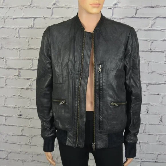 Mens All Saints Leather Bomber Jacket Motorcycle cafe racer Jacket size 43